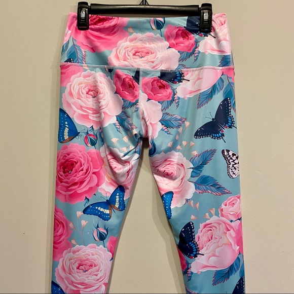 Butterfly Floral Leggings Tights Blue Pink Sz Smal - Picture 5 of 8